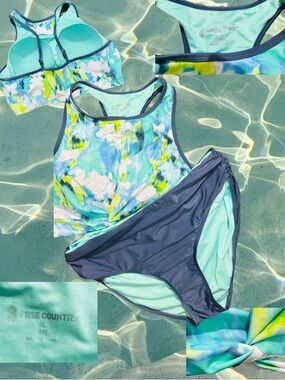 Free Country Aqua Floral High-Neck Tankini with Navy Briefs